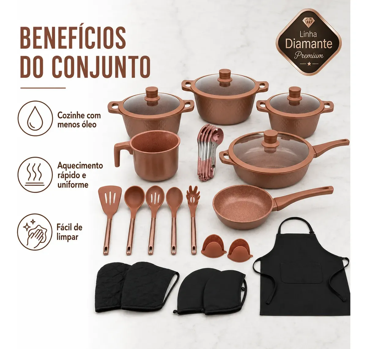 Benefícios: menos óleo, aquecimento rápido e fácil limpeza